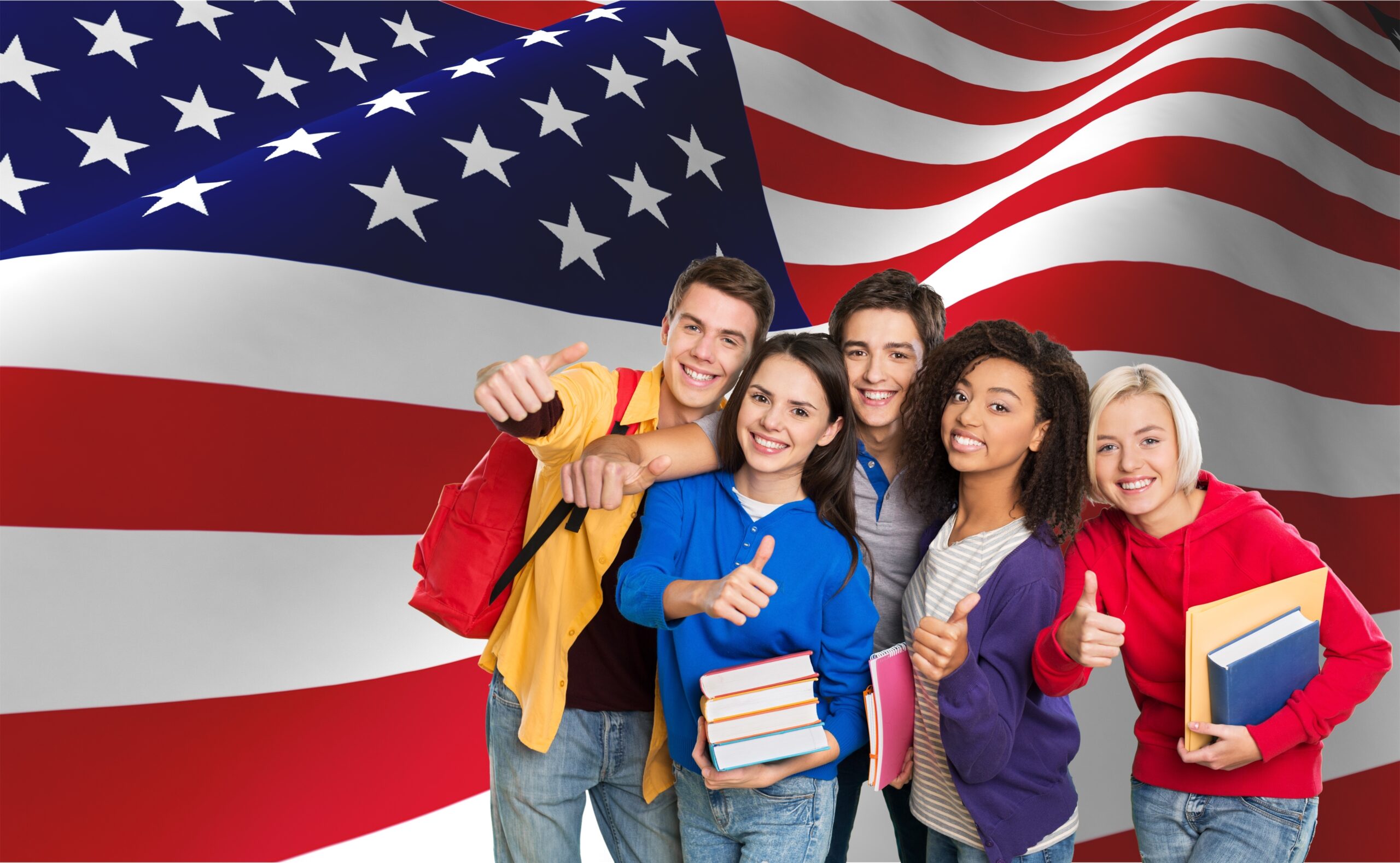 Group of students with books on american flag background