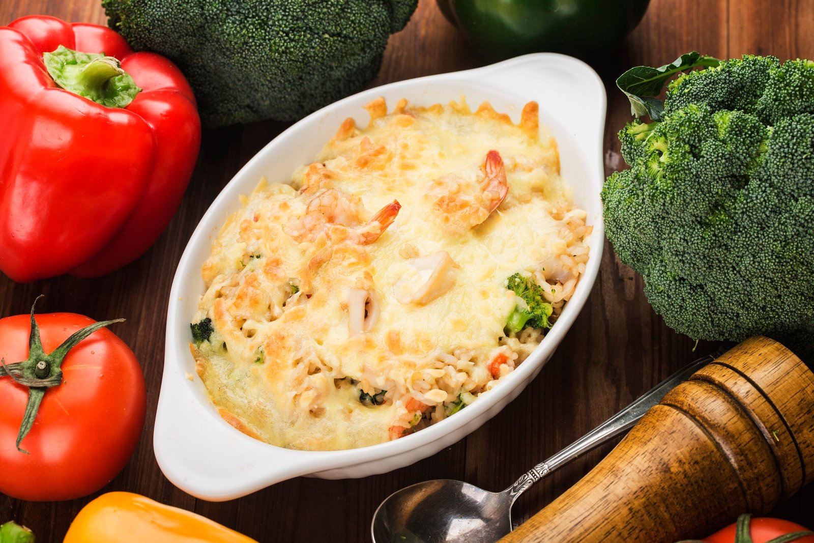 seafood baked rice，A plate of fresh seafood baked rice on the wooden table