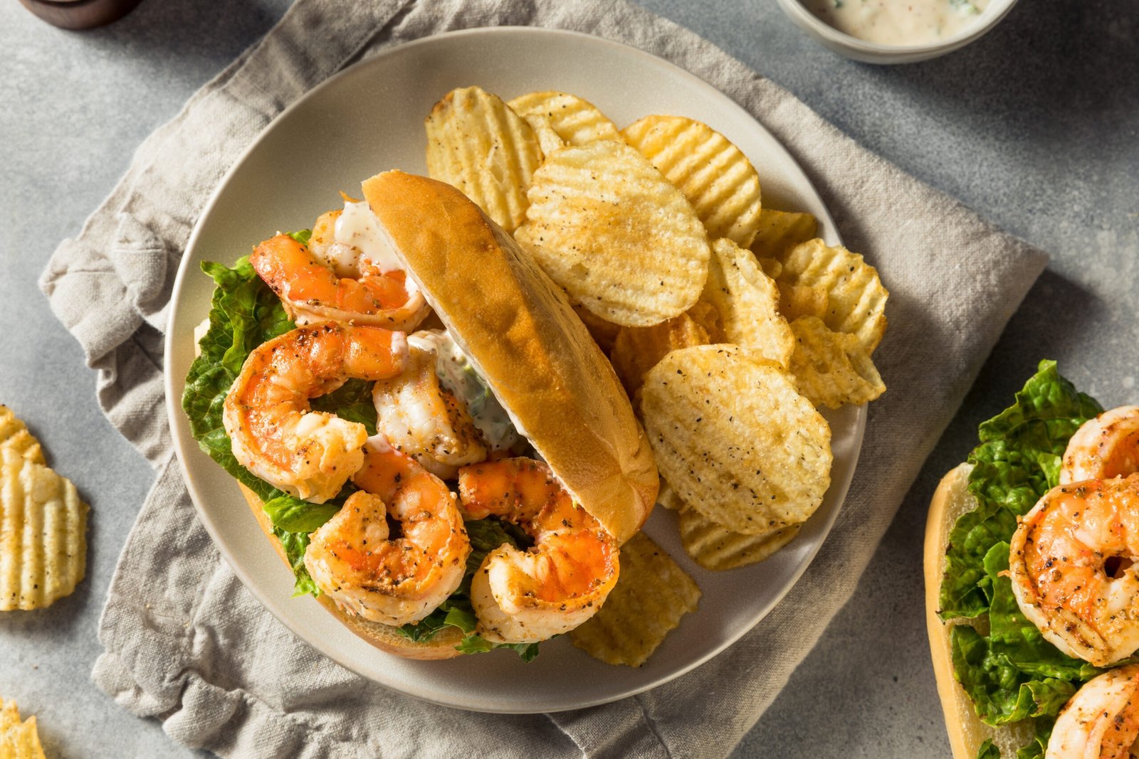 Homemade Southern Shrimp Po Boy Sandwich with Potato Chips