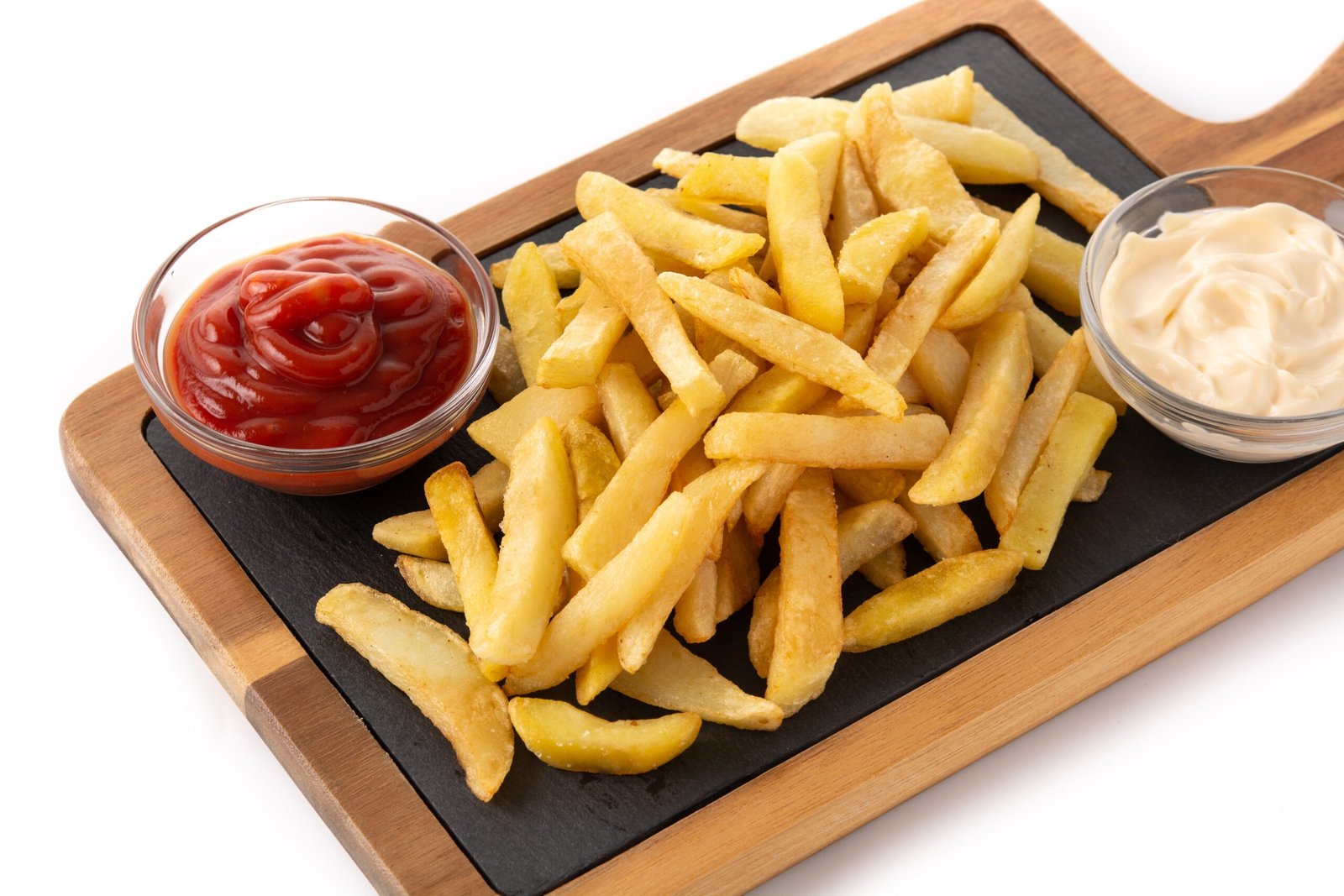 Fried potatoes with ketchup isolated on white background